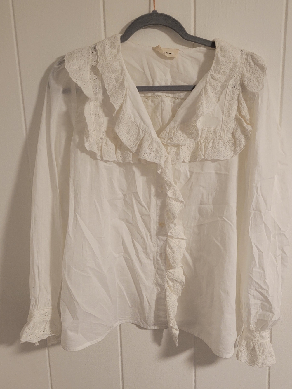 Women’s Nordstorm White Ruffled Lace-Trim Blouse, Cotton